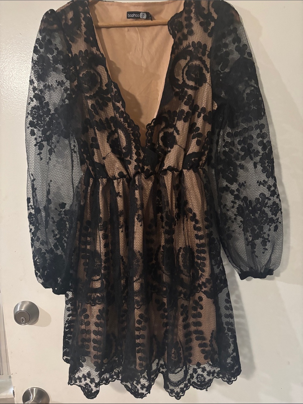 Boohoo Black Floral Lace Overlay Long Sleeve Dress with Nude Lining